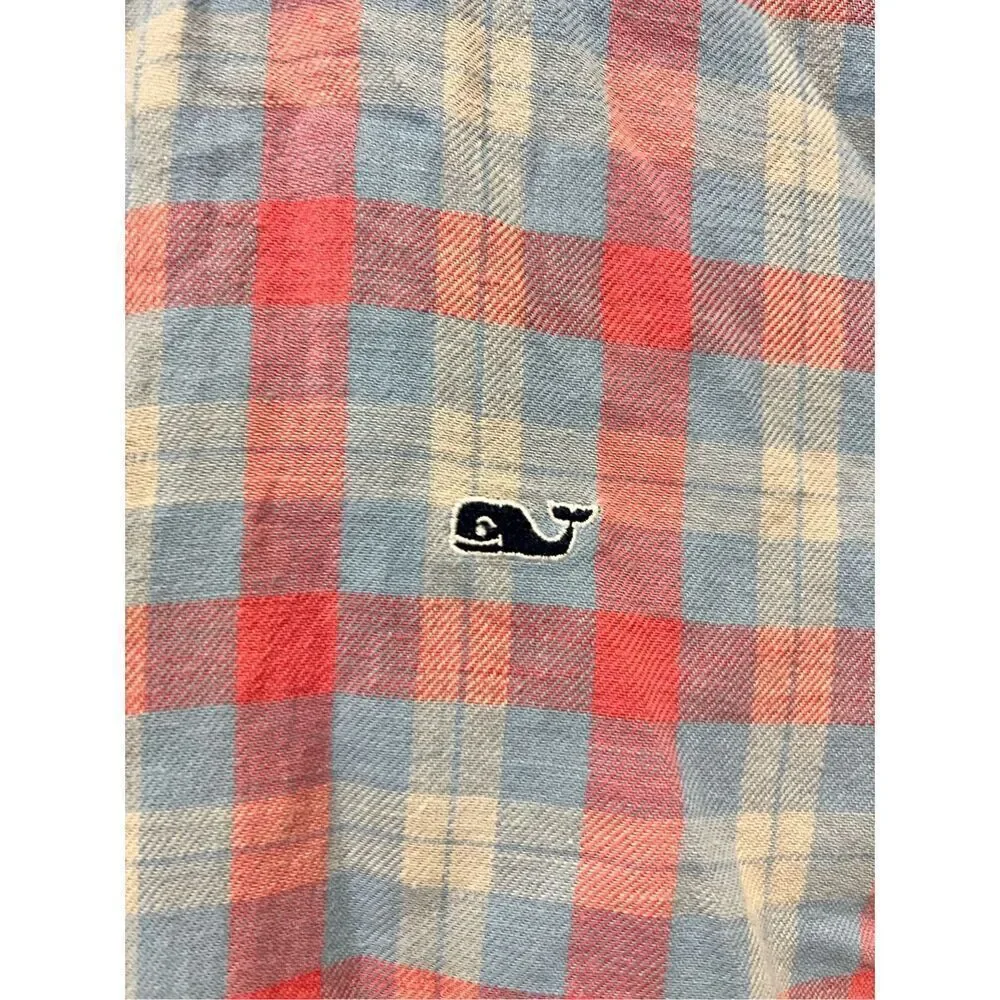 Vineyard Vines Pink & Blue Plaid Whale Shirt Linen Blend Button Down sz M